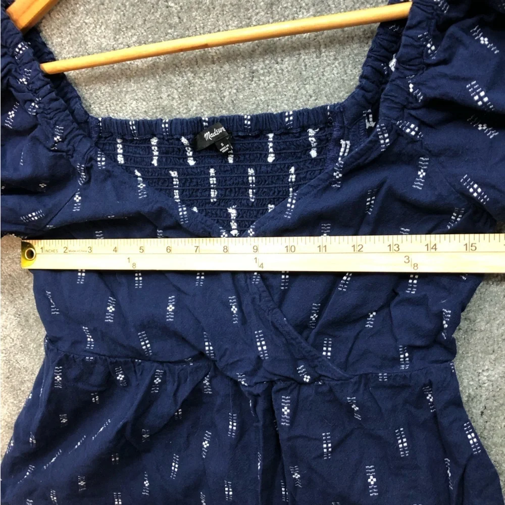 Madewell Puff Sleeve Empire Top Sz S Navy Blue Sweetheart Neck Jacquard Festival